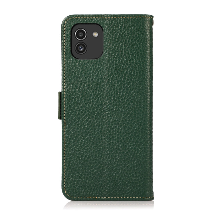 For Samsung Galaxy A03 164mm Version KHAZNEH Side-Magnetic Litchi Genuine Leather RFID Phone Case(Green) - Galaxy Phone Cases by buy2fix | Online Shopping UK | buy2fix