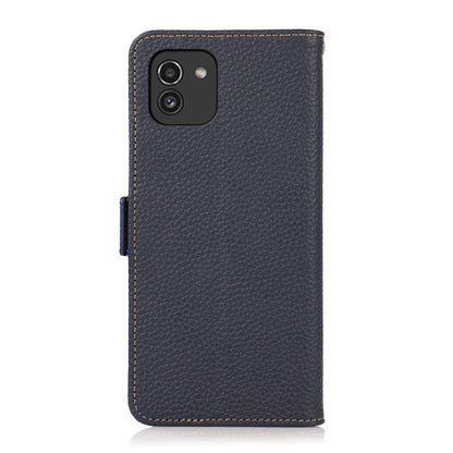 For Samsung Galaxy A03 166mm Version KHAZNEH Side-Magnetic Litchi Genuine Leather RFID Phone Case(Blue) - Galaxy Phone Cases by buy2fix | Online Shopping UK | buy2fix