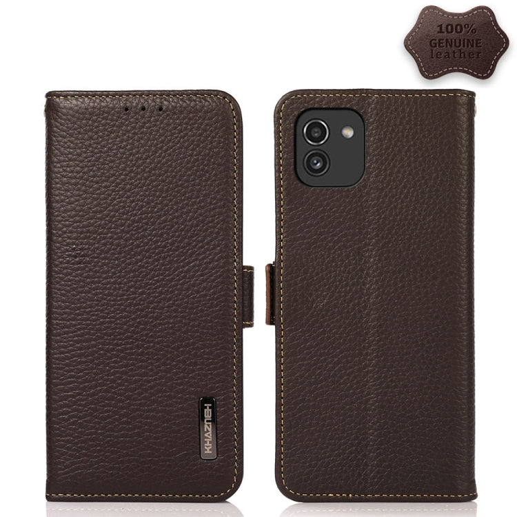 For Samsung Galaxy A03 166mm Version KHAZNEH Side-Magnetic Litchi Genuine Leather RFID Phone Case(Brown) - Galaxy Phone Cases by buy2fix | Online Shopping UK | buy2fix