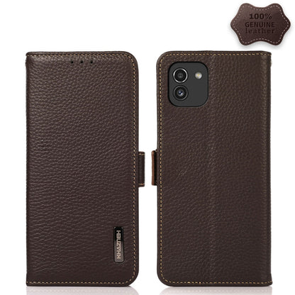 For Samsung Galaxy A03 166mm Version KHAZNEH Side-Magnetic Litchi Genuine Leather RFID Phone Case(Brown) - Galaxy Phone Cases by buy2fix | Online Shopping UK | buy2fix