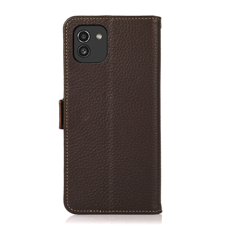 For Samsung Galaxy A03 166mm Version KHAZNEH Side-Magnetic Litchi Genuine Leather RFID Phone Case(Brown) - Galaxy Phone Cases by buy2fix | Online Shopping UK | buy2fix