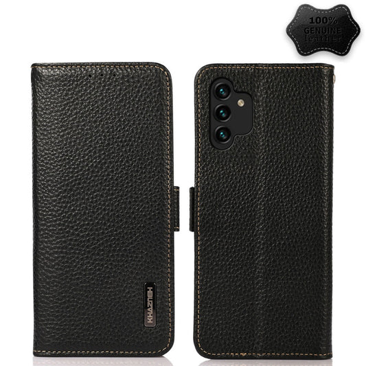 For Samsung Galaxy A13 4G KHAZNEH Side-Magnetic Litchi Genuine Leather RFID Phone Case(Black) - Galaxy Phone Cases by buy2fix | Online Shopping UK | buy2fix