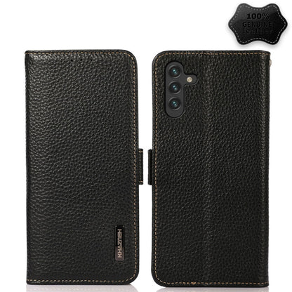 For Samsung Galaxy A13 5G KHAZNEH Side-Magnetic Litchi Genuine Leather RFID Phone Case(Black) - Galaxy Phone Cases by buy2fix | Online Shopping UK | buy2fix
