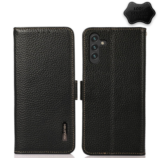 For Samsung Galaxy A13 5G KHAZNEH Side-Magnetic Litchi Genuine Leather RFID Phone Case(Black) - Galaxy Phone Cases by buy2fix | Online Shopping UK | buy2fix