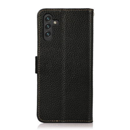 For Samsung Galaxy A13 5G KHAZNEH Side-Magnetic Litchi Genuine Leather RFID Phone Case(Black) - Galaxy Phone Cases by buy2fix | Online Shopping UK | buy2fix