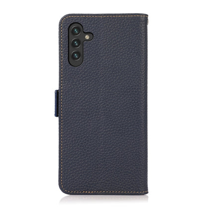 For Samsung Galaxy A13 5G KHAZNEH Side-Magnetic Litchi Genuine Leather RFID Phone Case(Blue) - Galaxy Phone Cases by buy2fix | Online Shopping UK | buy2fix
