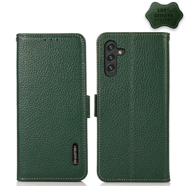 For Samsung Galaxy A13 5G KHAZNEH Side-Magnetic Litchi Genuine Leather RFID Phone Case(Green) - Galaxy Phone Cases by buy2fix | Online Shopping UK | buy2fix
