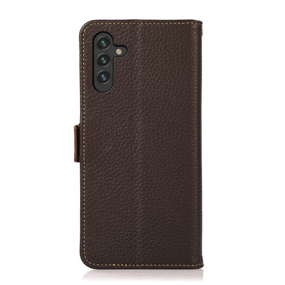 For Samsung Galaxy A13 5G KHAZNEH Side-Magnetic Litchi Genuine Leather RFID Phone Case(Brown) - Galaxy Phone Cases by buy2fix | Online Shopping UK | buy2fix