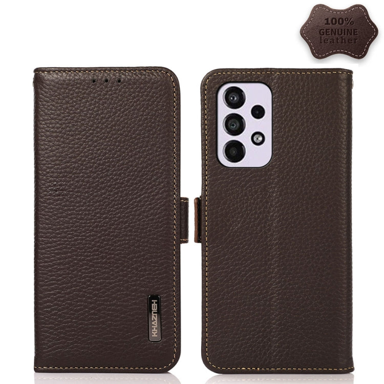 For Samsung Galaxy A33 5G KHAZNEH Side-Magnetic Litchi Genuine Leather RFID Phone Case(Brown) - Galaxy Phone Cases by buy2fix | Online Shopping UK | buy2fix