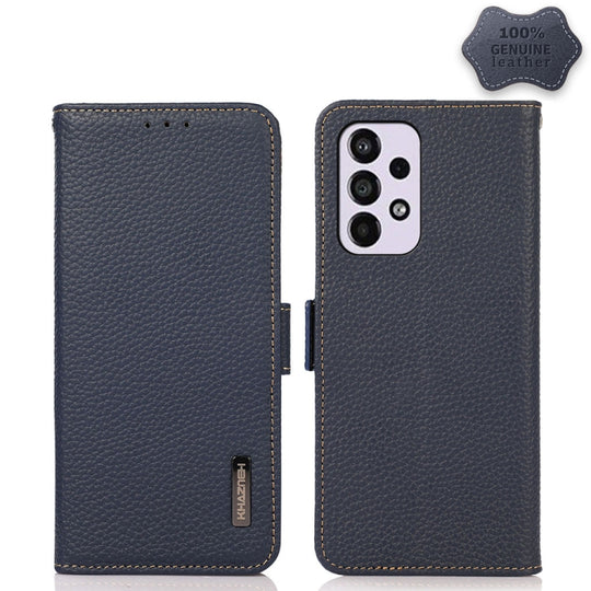 For Samsung Galaxy A73 5G KHAZNEH Side-Magnetic Litchi Genuine Leather RFID Phone Case(Blue)