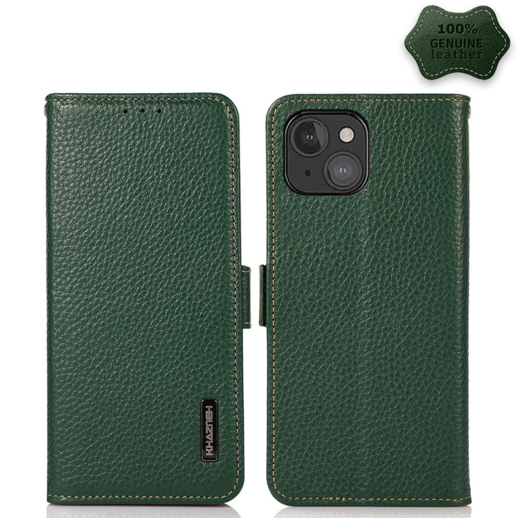 For iPhone 13 mini KHAZNEH Side-Magnetic Litchi Genuine Leather RFID Case (Green) - iPhone 13 mini Cases by buy2fix | Online Shopping UK | buy2fix