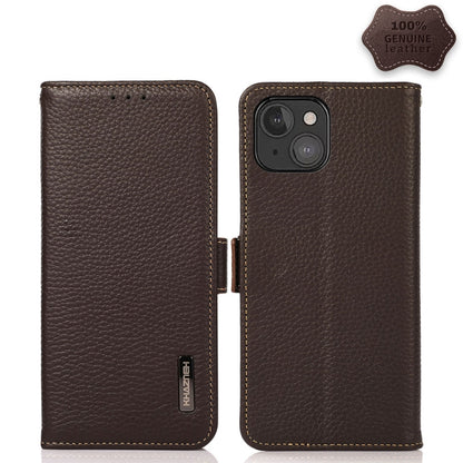 For iPhone 13 mini KHAZNEH Side-Magnetic Litchi Genuine Leather RFID Case (Brown) - iPhone 13 mini Cases by buy2fix | Online Shopping UK | buy2fix