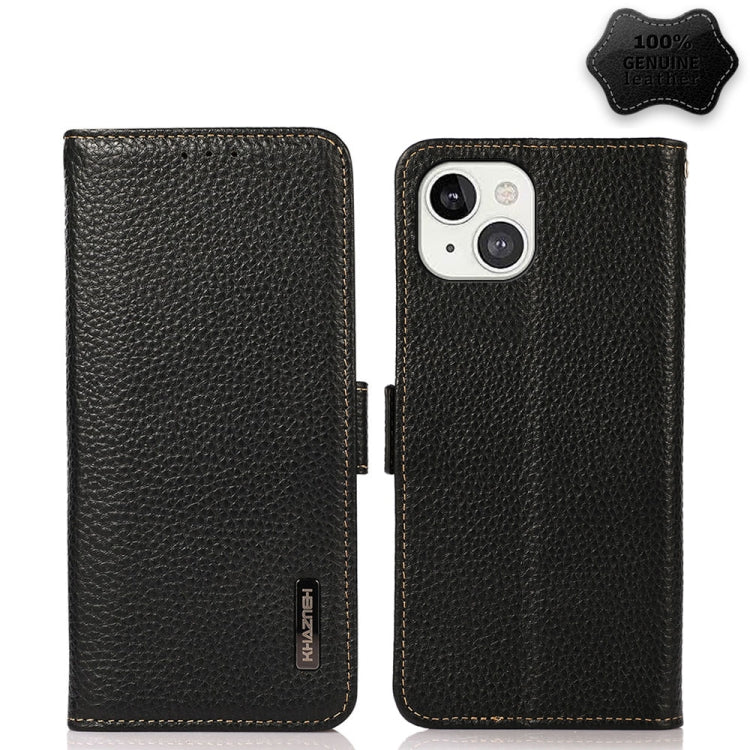 For iPhone 13 KHAZNEH Side-Magnetic Litchi Genuine Leather RFID Case(Black) - iPhone 13 Cases by buy2fix | Online Shopping UK | buy2fix