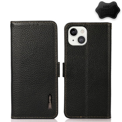 For iPhone 13 KHAZNEH Side-Magnetic Litchi Genuine Leather RFID Case(Black) - iPhone 13 Cases by buy2fix | Online Shopping UK | buy2fix