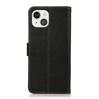 For iPhone 13 KHAZNEH Side-Magnetic Litchi Genuine Leather RFID Case(Black) - iPhone 13 Cases by buy2fix | Online Shopping UK | buy2fix