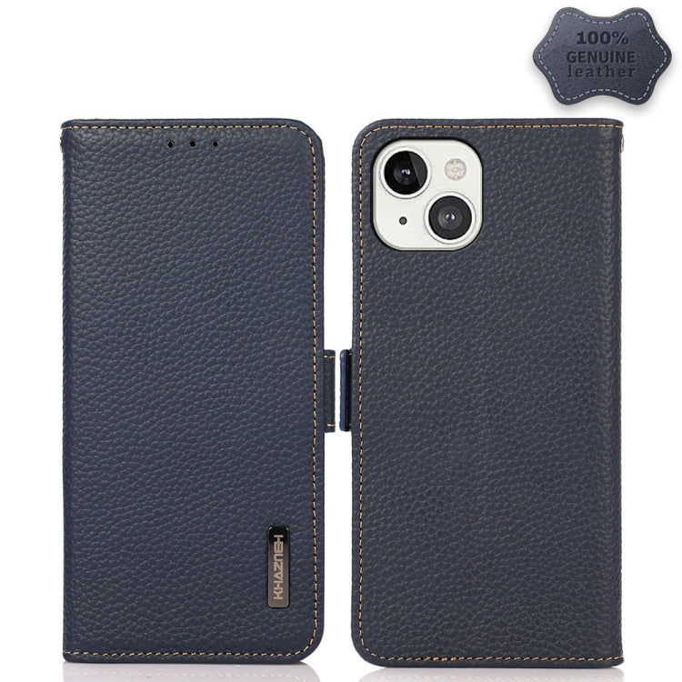For iPhone 13 KHAZNEH Side-Magnetic Litchi Genuine Leather RFID Case(Blue) - iPhone 13 Cases by buy2fix | Online Shopping UK | buy2fix