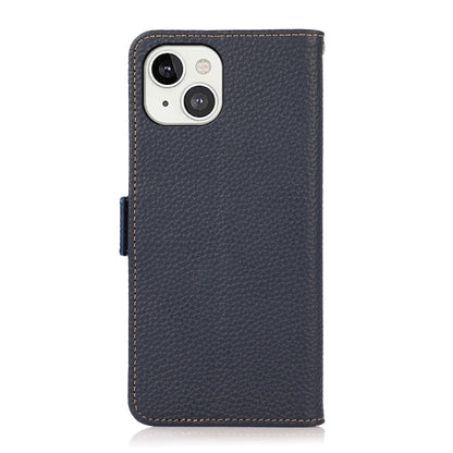 For iPhone 13 KHAZNEH Side-Magnetic Litchi Genuine Leather RFID Case(Blue) - iPhone 13 Cases by buy2fix | Online Shopping UK | buy2fix