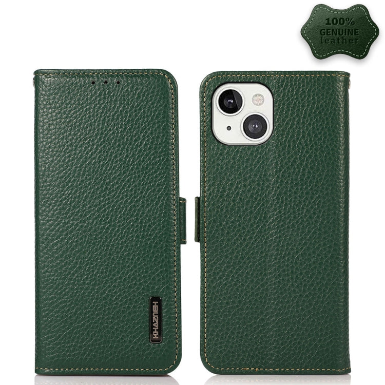 For iPhone 13 KHAZNEH Side-Magnetic Litchi Genuine Leather RFID Case(Green) - iPhone 13 Cases by buy2fix | Online Shopping UK | buy2fix