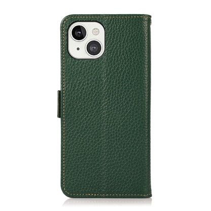 For iPhone 13 KHAZNEH Side-Magnetic Litchi Genuine Leather RFID Case(Green) - iPhone 13 Cases by buy2fix | Online Shopping UK | buy2fix