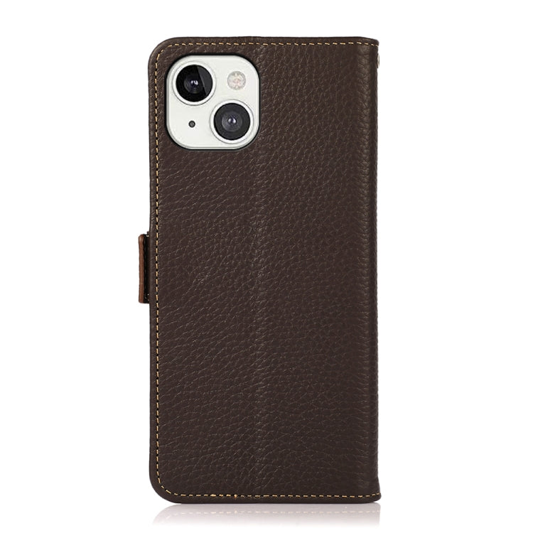For iPhone 13 KHAZNEH Side-Magnetic Litchi Genuine Leather RFID Case(Brown) - iPhone 13 Cases by buy2fix | Online Shopping UK | buy2fix