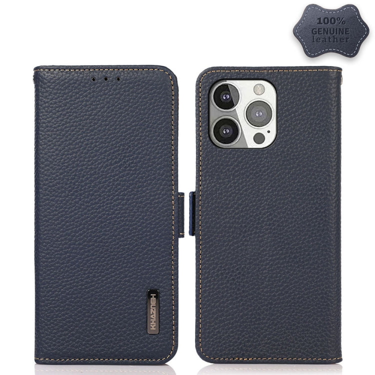 For iPhone 13 Pro KHAZNEH Side-Magnetic Litchi Genuine Leather RFID Case (Blue) - iPhone 13 Pro Cases by buy2fix | Online Shopping UK | buy2fix