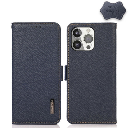 For iPhone 13 Pro KHAZNEH Side-Magnetic Litchi Genuine Leather RFID Case (Blue) - iPhone 13 Pro Cases by buy2fix | Online Shopping UK | buy2fix
