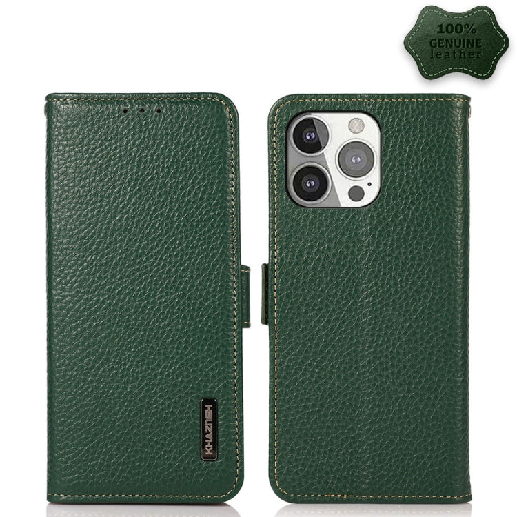 For iPhone 13 Pro KHAZNEH Side-Magnetic Litchi Genuine Leather RFID Case (Green) - iPhone 13 Pro Cases by buy2fix | Online Shopping UK | buy2fix