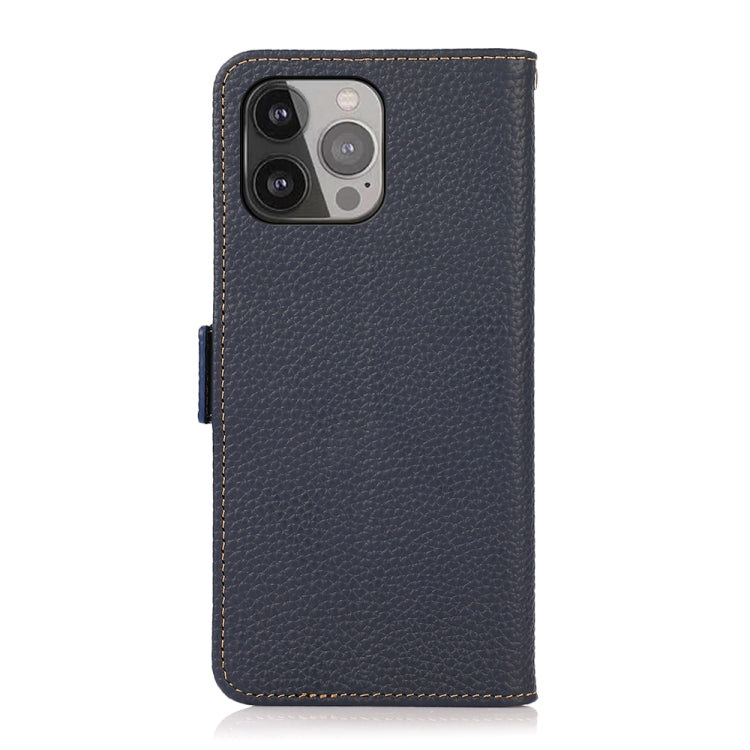 For iPhone 13 Pro Max KHAZNEH Side-Magnetic Litchi Genuine Leather RFID Case (Blue) - iPhone 13 Pro Max Cases by buy2fix | Online Shopping UK | buy2fix