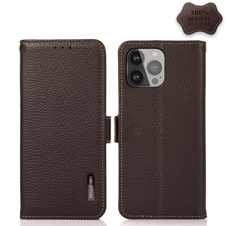 For iPhone 13 Pro Max KHAZNEH Side-Magnetic Litchi Genuine Leather RFID Case (Brown) - iPhone 13 Pro Max Cases by buy2fix | Online Shopping UK | buy2fix