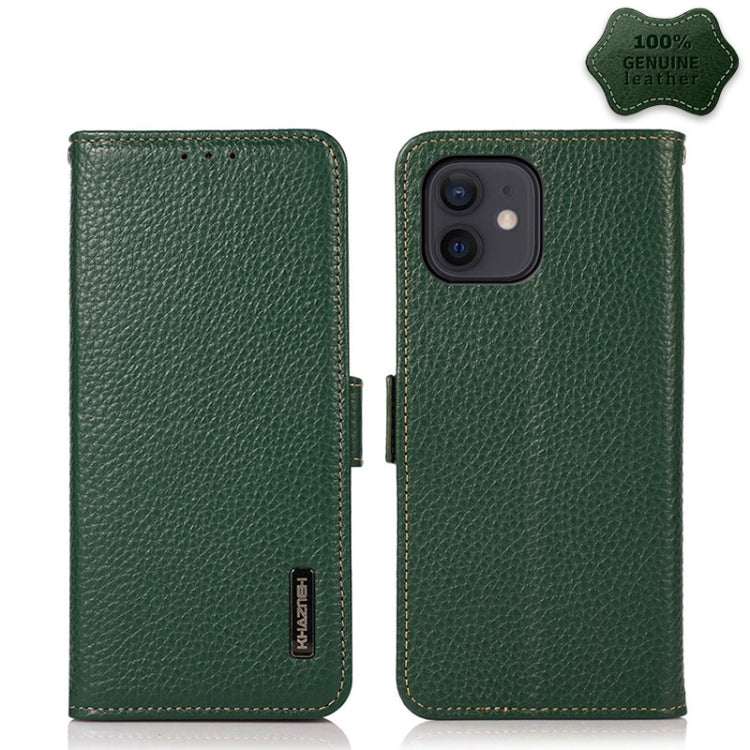 For iPhone 12 mini KHAZNEH Side-Magnetic Litchi Genuine Leather RFID Case (Green) - iPhone 12 mini Cases by buy2fix | Online Shopping UK | buy2fix