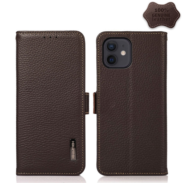 For iPhone 12 mini KHAZNEH Side-Magnetic Litchi Genuine Leather RFID Case (Brown) - iPhone 12 mini Cases by buy2fix | Online Shopping UK | buy2fix