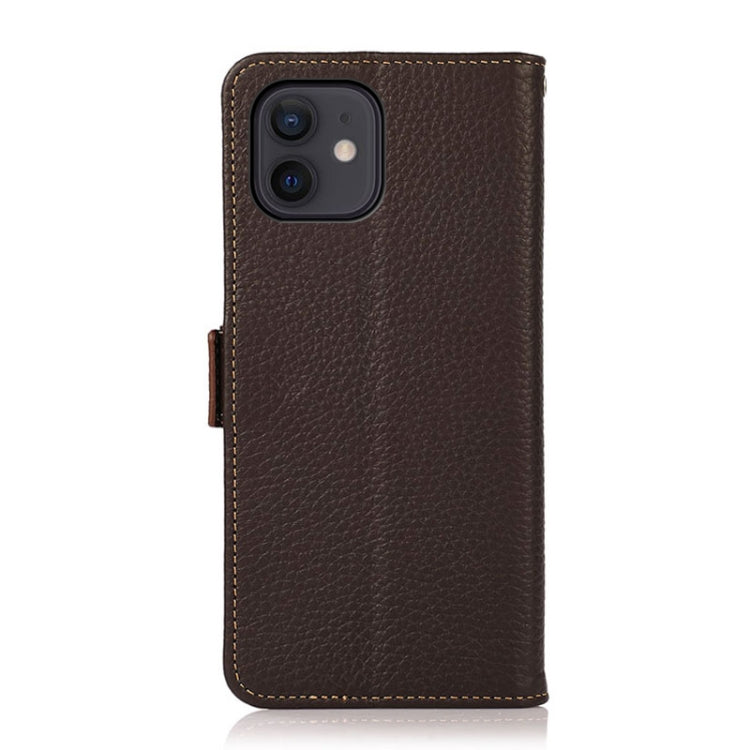 For iPhone 12 mini KHAZNEH Side-Magnetic Litchi Genuine Leather RFID Case (Brown) - iPhone 12 mini Cases by buy2fix | Online Shopping UK | buy2fix