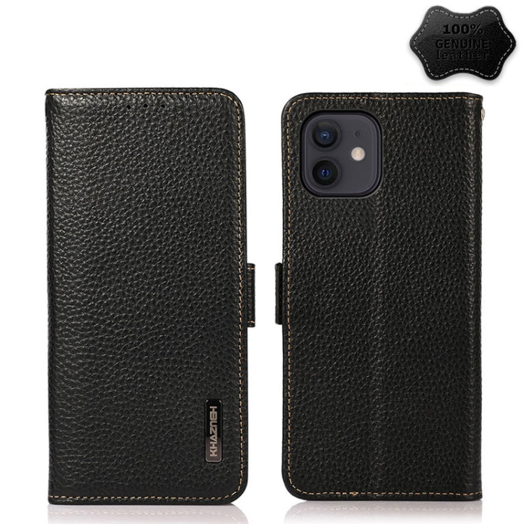 For iPhone 12 / 12 Pro KHAZNEH Side-Magnetic Litchi Genuine Leather RFID Case(Black) - iPhone 12 / 12 Pro Cases by buy2fix | Online Shopping UK | buy2fix