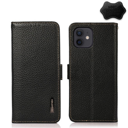 For iPhone 12 / 12 Pro KHAZNEH Side-Magnetic Litchi Genuine Leather RFID Case(Black) - iPhone 12 / 12 Pro Cases by buy2fix | Online Shopping UK | buy2fix
