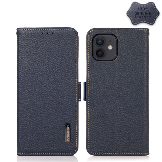 For iPhone 12 / 12 Pro KHAZNEH Side-Magnetic Litchi Genuine Leather RFID Case(Blue) - iPhone 12 / 12 Pro Cases by buy2fix | Online Shopping UK | buy2fix