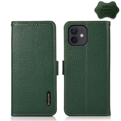 For iPhone 12 / 12 Pro KHAZNEH Side-Magnetic Litchi Genuine Leather RFID Case(Green) - iPhone 12 / 12 Pro Cases by buy2fix | Online Shopping UK | buy2fix