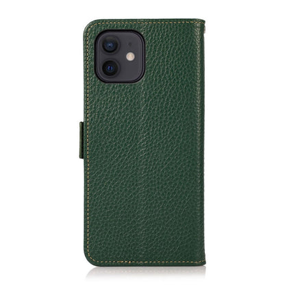 For iPhone 12 / 12 Pro KHAZNEH Side-Magnetic Litchi Genuine Leather RFID Case(Green) - iPhone 12 / 12 Pro Cases by buy2fix | Online Shopping UK | buy2fix