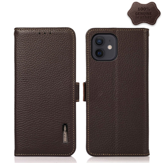 For iPhone 12 / 12 Pro KHAZNEH Side-Magnetic Litchi Genuine Leather RFID Case(Brown) - iPhone 12 / 12 Pro Cases by buy2fix | Online Shopping UK | buy2fix