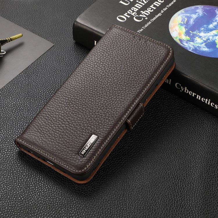 For iPhone 12 / 12 Pro KHAZNEH Side-Magnetic Litchi Genuine Leather RFID Case(Brown) - iPhone 12 / 12 Pro Cases by buy2fix | Online Shopping UK | buy2fix