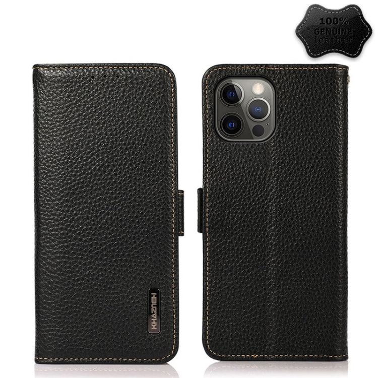 For iPhone 12 Pro Max KHAZNEH Side-Magnetic Litchi Genuine Leather RFID Case(Black) - iPhone 12 Pro Max Cases by buy2fix | Online Shopping UK | buy2fix