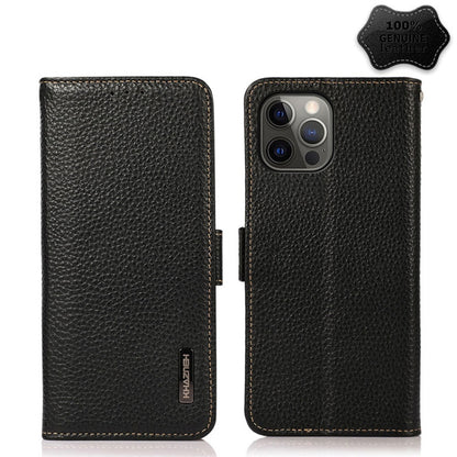 For iPhone 12 Pro Max KHAZNEH Side-Magnetic Litchi Genuine Leather RFID Case(Black) - iPhone 12 Pro Max Cases by buy2fix | Online Shopping UK | buy2fix