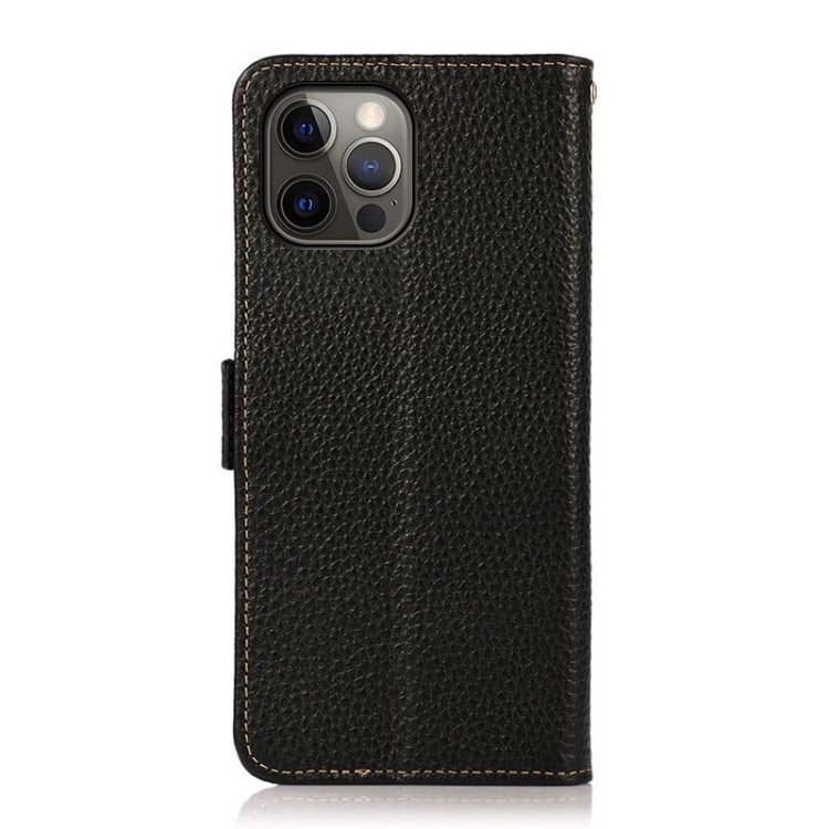 For iPhone 12 Pro Max KHAZNEH Side-Magnetic Litchi Genuine Leather RFID Case(Black) - iPhone 12 Pro Max Cases by buy2fix | Online Shopping UK | buy2fix