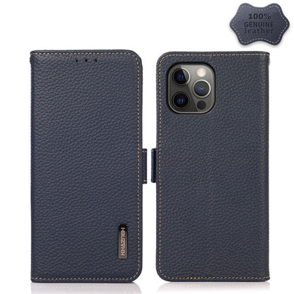 For iPhone 12 Pro Max KHAZNEH Side-Magnetic Litchi Genuine Leather RFID Case(Blue) - iPhone 12 Pro Max Cases by buy2fix | Online Shopping UK | buy2fix
