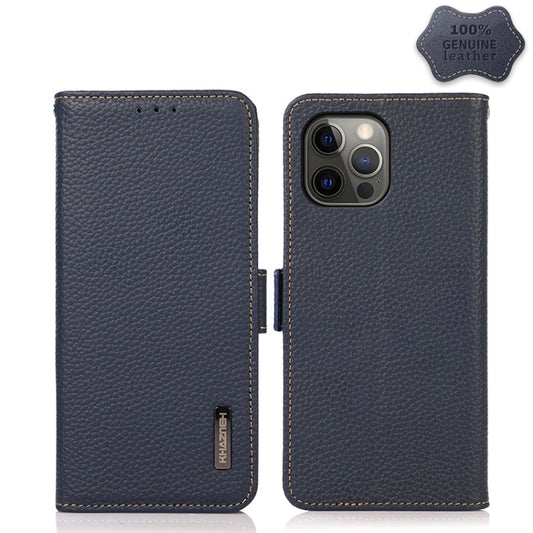 For iPhone 12 Pro Max KHAZNEH Side-Magnetic Litchi Genuine Leather RFID Case(Blue) - iPhone 12 Pro Max Cases by buy2fix | Online Shopping UK | buy2fix