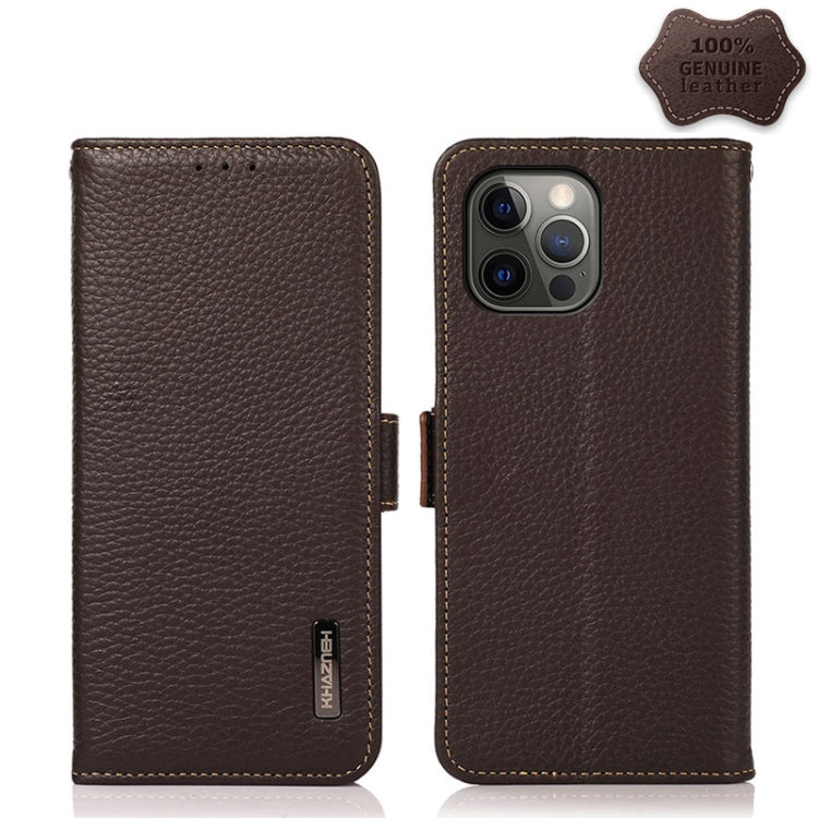 For iPhone 12 Pro Max KHAZNEH Side-Magnetic Litchi Genuine Leather RFID Case(Brown) - iPhone 12 Pro Max Cases by buy2fix | Online Shopping UK | buy2fix