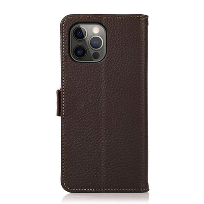 For iPhone 12 Pro Max KHAZNEH Side-Magnetic Litchi Genuine Leather RFID Case(Brown) - iPhone 12 Pro Max Cases by buy2fix | Online Shopping UK | buy2fix