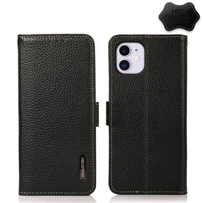 For iPhone 11 KHAZNEH Side-Magnetic Litchi Genuine Leather RFID Case (Black) - iPhone 11 Cases by buy2fix | Online Shopping UK | buy2fix