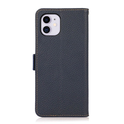 For iPhone 11 KHAZNEH Side-Magnetic Litchi Genuine Leather RFID Case (Blue) - iPhone 11 Cases by buy2fix | Online Shopping UK | buy2fix