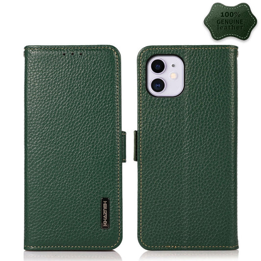 For iPhone 11 KHAZNEH Side-Magnetic Litchi Genuine Leather RFID Case (Green) - iPhone 11 Cases by buy2fix | Online Shopping UK | buy2fix