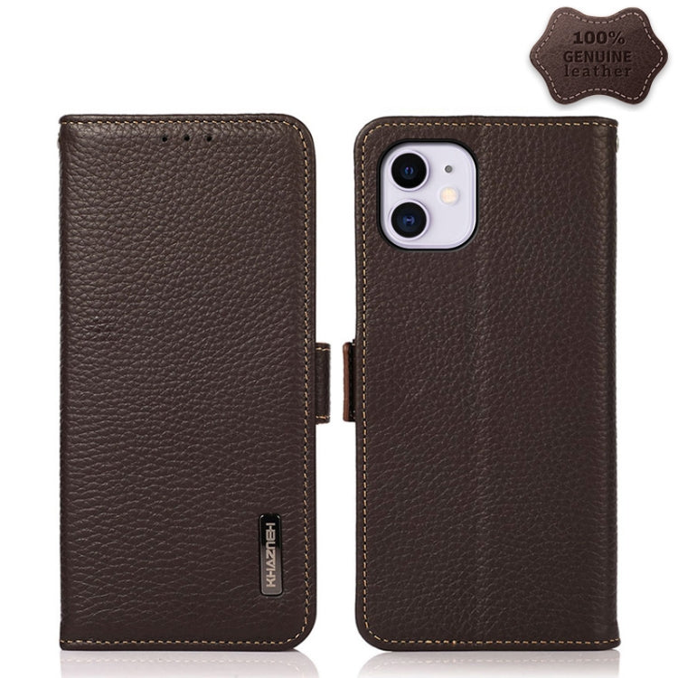 For iPhone 11 KHAZNEH Side-Magnetic Litchi Genuine Leather RFID Case (Brown) - iPhone 11 Cases by buy2fix | Online Shopping UK | buy2fix